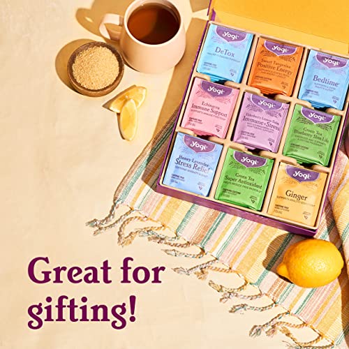 Favorites Yogi Tea Organic Sampler Gift Box - Assorted Delicious Wellness Teas - 9 Herbal, Green & Black Teas - Tea Gift Set & Variety Pack (45 Tea Bags)