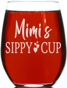 carvelita mimi's sippy cup, 15oz stemless wine glass, funny birthday christmas mother day gifts for new grandma, mimi, grandmother, mom, from daughter, son