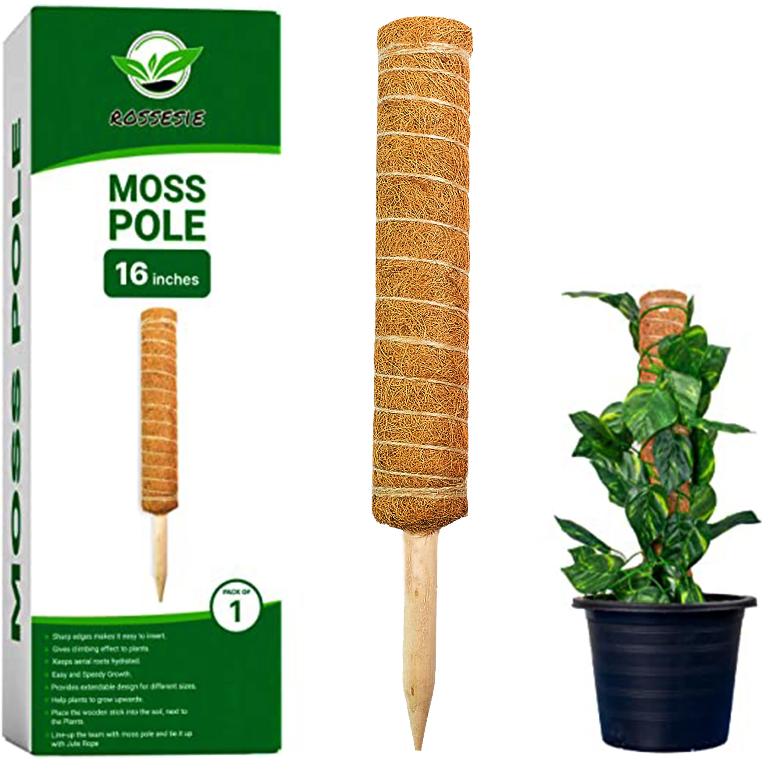 Rossesie 29-inch Moss Pole for Plants Monstera – 2 Extendable Coco Coir Support Stakes for Indoor Potted Plants - Moss Poles for Climbing Plants to Grow Upward with 2 x 47'' Twist Tie