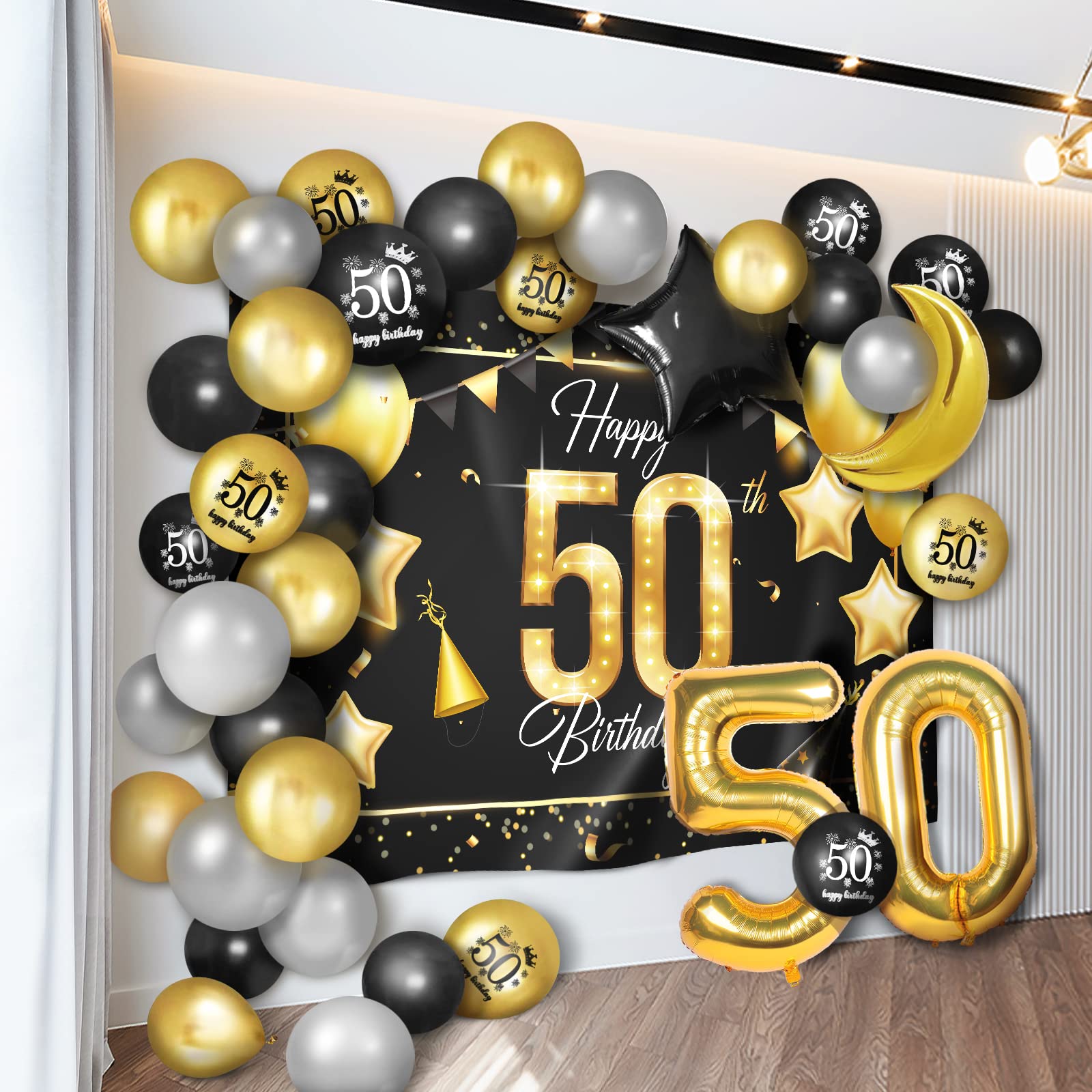 Happy 50th Birthday Balloons Gold Set Decor - Cheers to 50 Years Old Party Theme Garland Star Moon Banner Backdrop Decorations For Women and Men Supplies