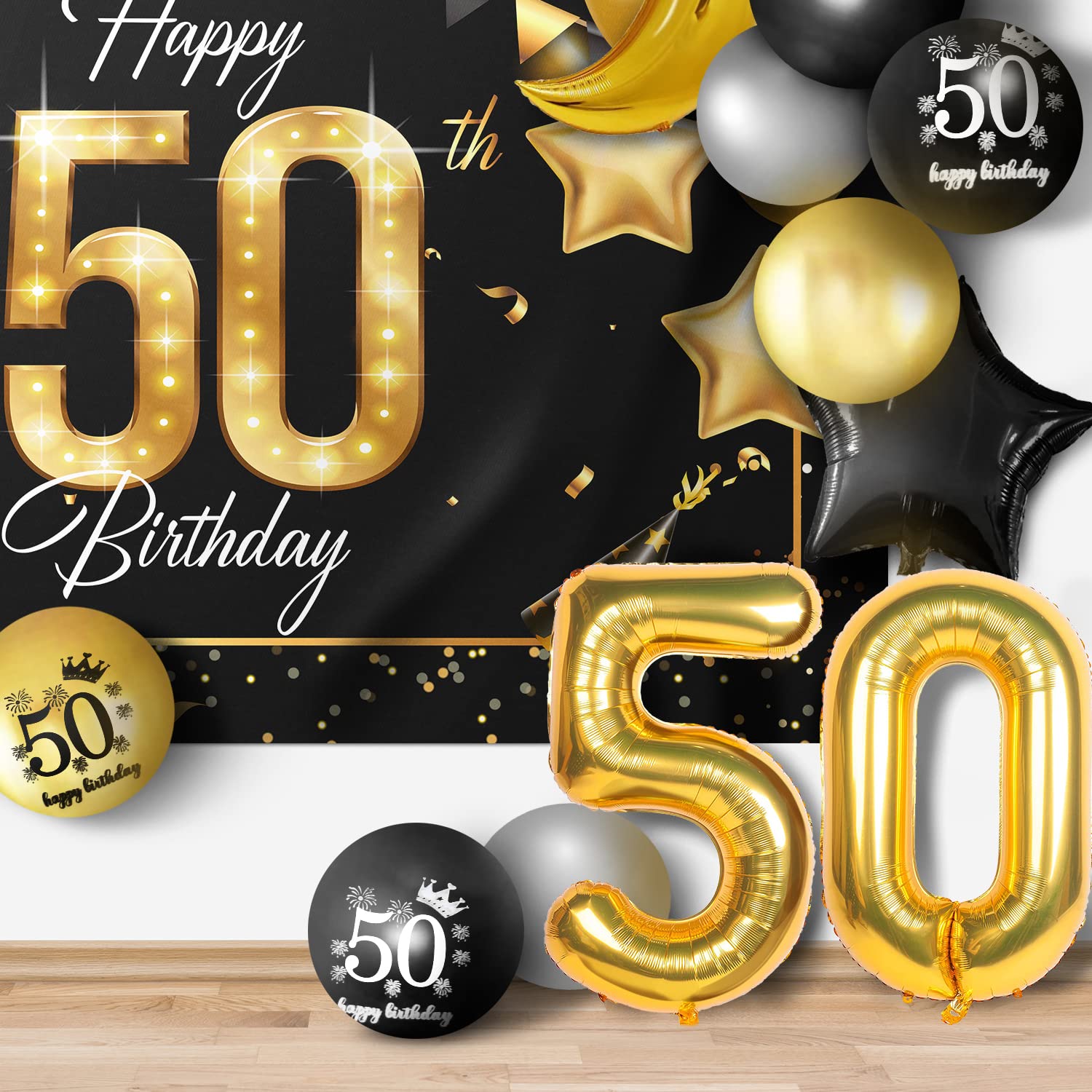 Happy 50th Birthday Balloons Gold Set Decor - Cheers to 50 Years Old Party Theme Garland Star Moon Banner Backdrop Decorations For Women and Men Supplies