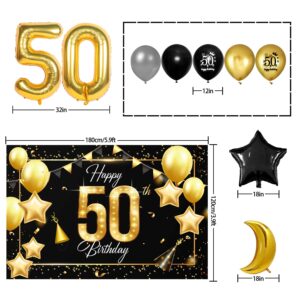 Happy 50th Birthday Balloons Gold Set Decor - Cheers to 50 Years Old Party Theme Garland Star Moon Banner Backdrop Decorations For Women and Men Supplies