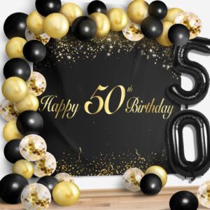 happy 50th birthday balloons black set decor - cheers to 50 years old party theme garland banner backdrop decorations for women and men supplies