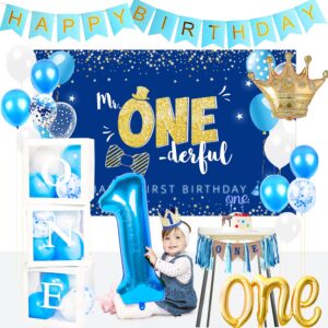 fvabo 1st birthday decorations boy - first birthday baby boy decorations include balloon box, backdrop, crown, banner, high chair banner, topper, for baby first one year old boy party supplies