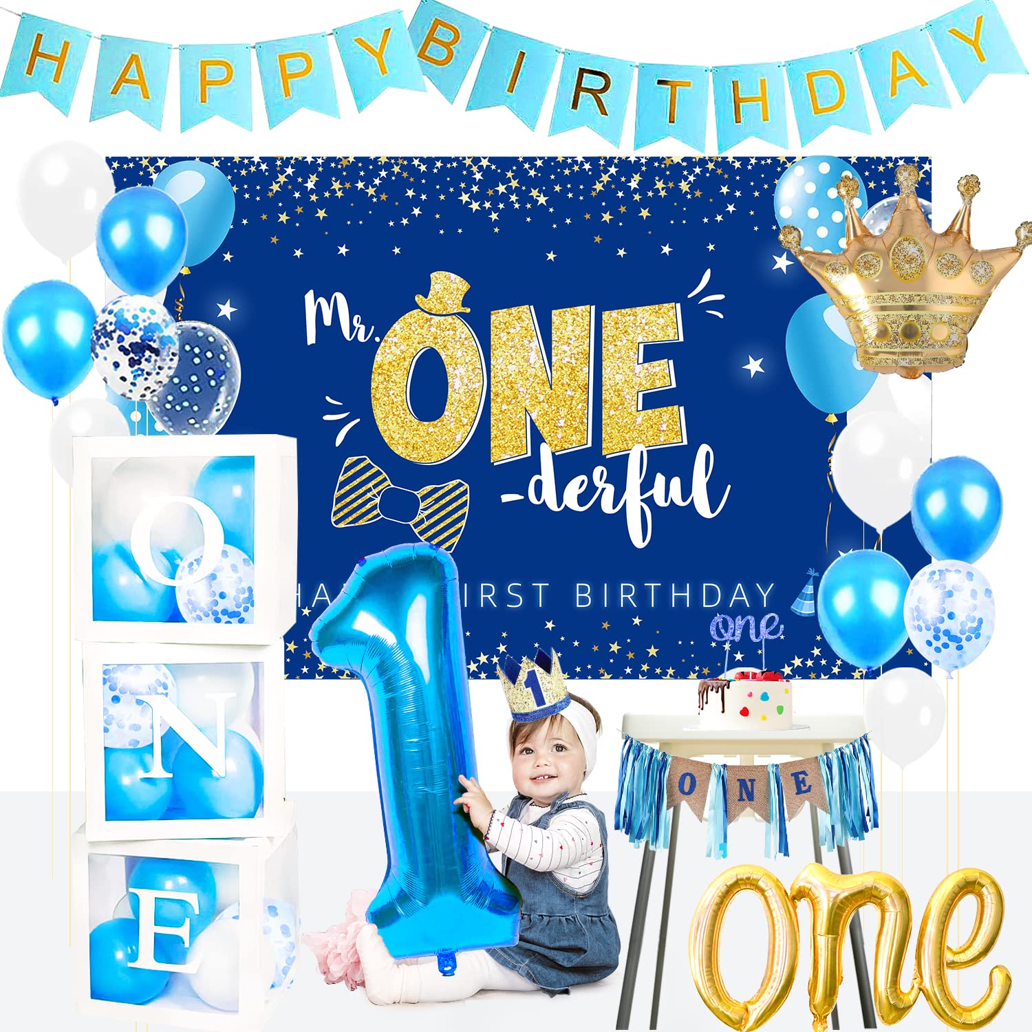 FVABO 1st Birthday Decorations Boy - First Birthday Baby Boy Decorations Include Balloon Box, Backdrop, Crown, Banner, High Chair Banner, Topper, For Baby First One Year Old Boy Party Supplies