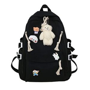 timtram kawaii school backpack, cute aesthetic for teen girl boy aesthetic, bag laptop college free plush pendant & pins (black)