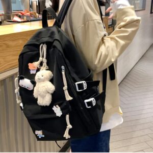 Timtram Kawaii School Backpack, Cute Aesthetic for Teen Girl Boy Aesthetic, Bag Laptop College Free Plush Pendant & Pins (Black)