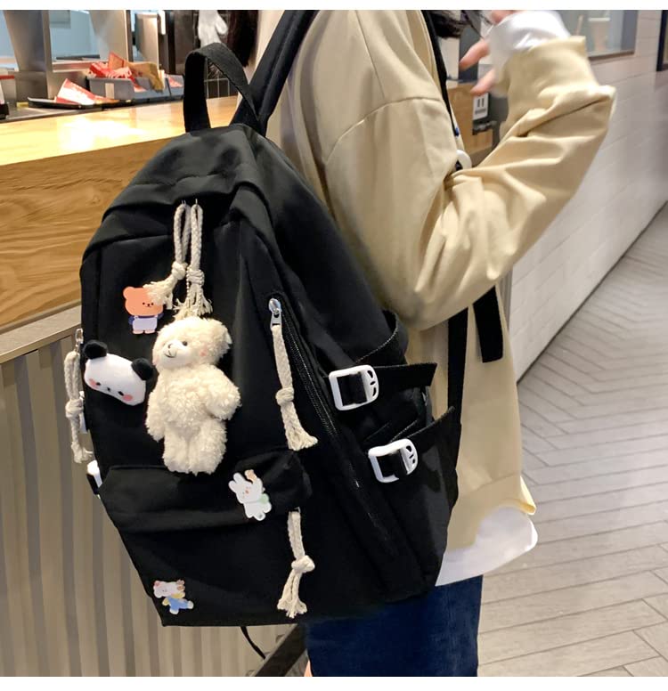 Timtram Kawaii School Backpack, Cute Aesthetic for Teen Girl Boy Aesthetic, Bag Laptop College Free Plush Pendant & Pins (Black)