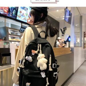 Timtram Kawaii School Backpack, Cute Aesthetic for Teen Girl Boy Aesthetic, Bag Laptop College Free Plush Pendant & Pins (Black)