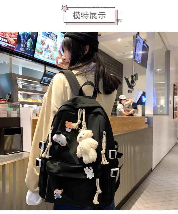 Timtram Kawaii School Backpack, Cute Aesthetic for Teen Girl Boy Aesthetic, Bag Laptop College Free Plush Pendant & Pins (Black)