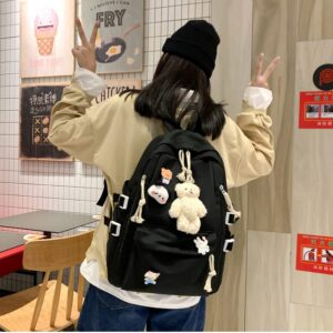 Timtram Kawaii School Backpack, Cute Aesthetic for Teen Girl Boy Aesthetic, Bag Laptop College Free Plush Pendant & Pins (Black)