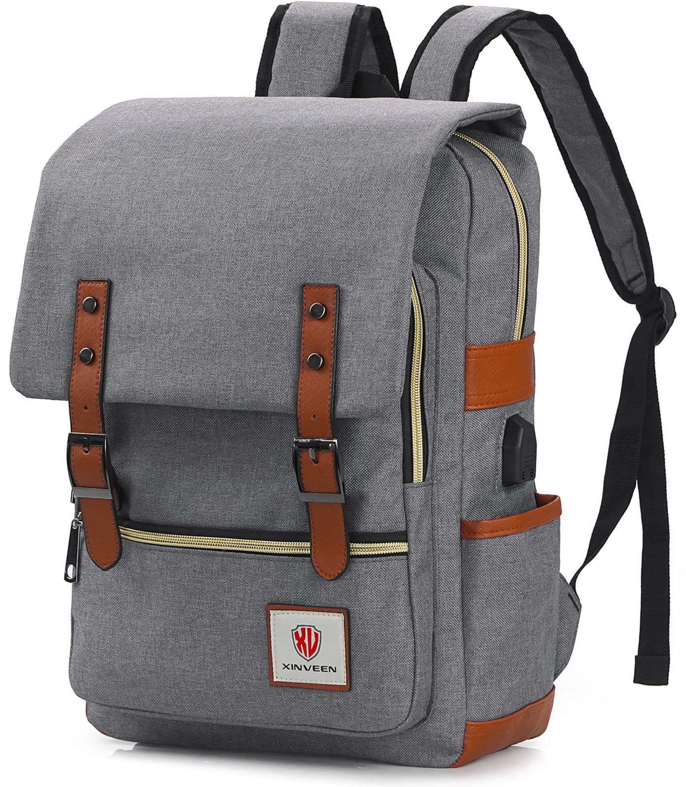 Xinveen Vintage Laptop Backpack Travelling Backpack Casual Daypacks School Shoulder Bag for Men Women Light Grey