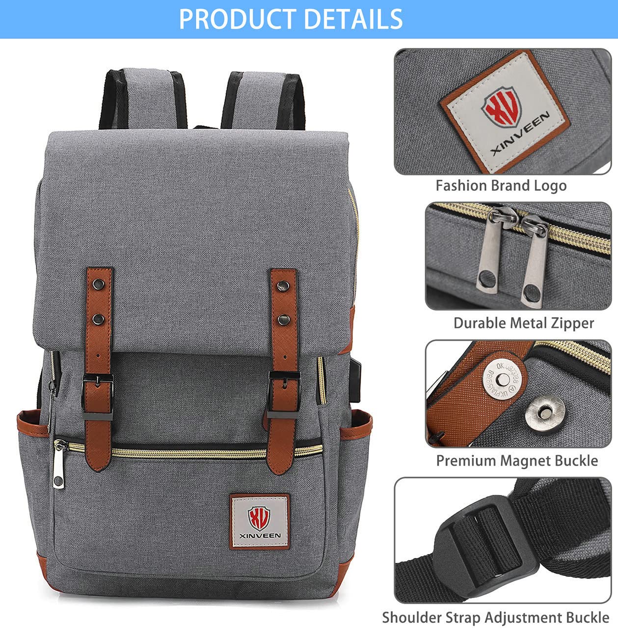 Xinveen Vintage Laptop Backpack Travelling Backpack Casual Daypacks School Shoulder Bag for Men Women Light Grey