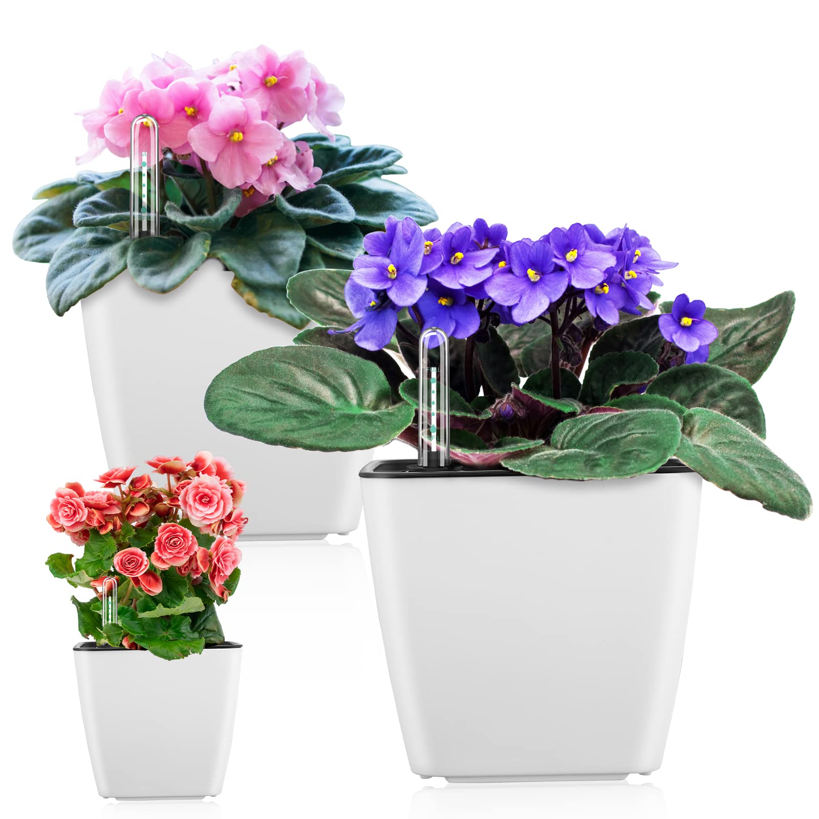 GS Garden Self Watering Planters for Indoor Plants : 5 inch 3 Pack White Planter with Water Level Indicator African Violet Self Watering Flower Pot for Herb pots