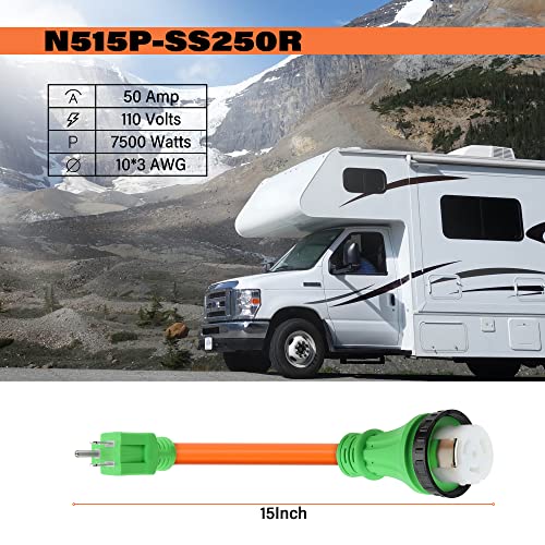 Flameweld RV Adapter Cord - NEMA 5-15P Male to SS2-50R Twist Lock Female, 50 Amp to 15 Amp 110 RV Adapter Cord with Locking Connector, 7500W STW 10/3 AWG RV Generator Cord, UL