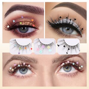 3 pairs false eyelashes, festival styles dramatic glitter sequin lashes with cute colorful black heart/colorful flower lashes for decorative christmas new year halloweens cosplay party