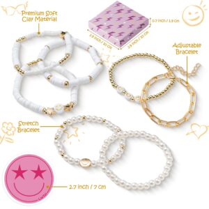 LieToi 7Pcs Preppy Heishi Bracelets White Gold Smile Heart Star Beaded Surfer Bracelets Polymer Clay Stackable Disc Summer Beach Layering Bracelets Y2K Stretch Boho Jewelry for Women Girls