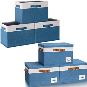 ghvyennttes storage bins (6-pack) large closet storage bins with lid and 3 handles, sturdy fabric cube storage boxes with label window for home bedroom office (blue, 15" x 11" x 9.6")