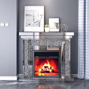 muzz mirrored electronic fireplace, freestanding fireplace heater with 3d realistic flame effect, electric heater with remote control for living room ( silver with crystal), 47.2x12.6x41.7 inches