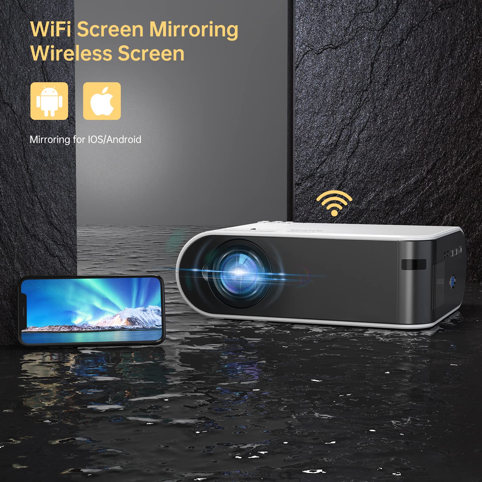 Mini Projector, FHD 1080P Portable Projector with WiFi and Bluetooth 7500 Lumen Outdoor Video Projector Home Theater Movie Projector Compatible with iOS/Android TV Stick Laptop PC HDMI VGA