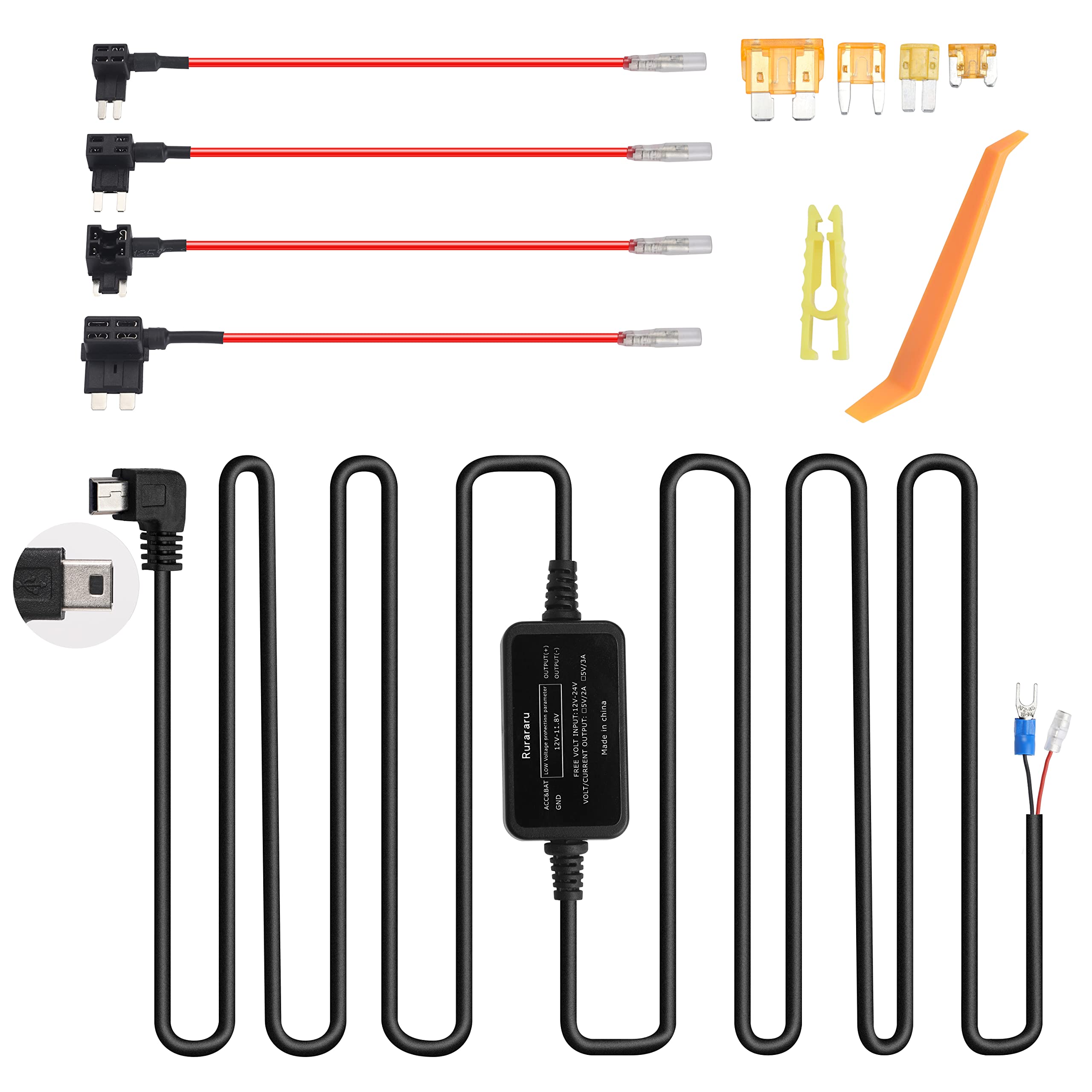 Dash Cam Mini USB Hardwire Kit Dash Camera Hard Wire Kit 12V-24V to 5V Charger Cable Power Cord Power Supply Compatible with Rexing V1-4K, V1P, V3, V2 Pro, V5, S1 Series, V1P Pro Series, Max Series