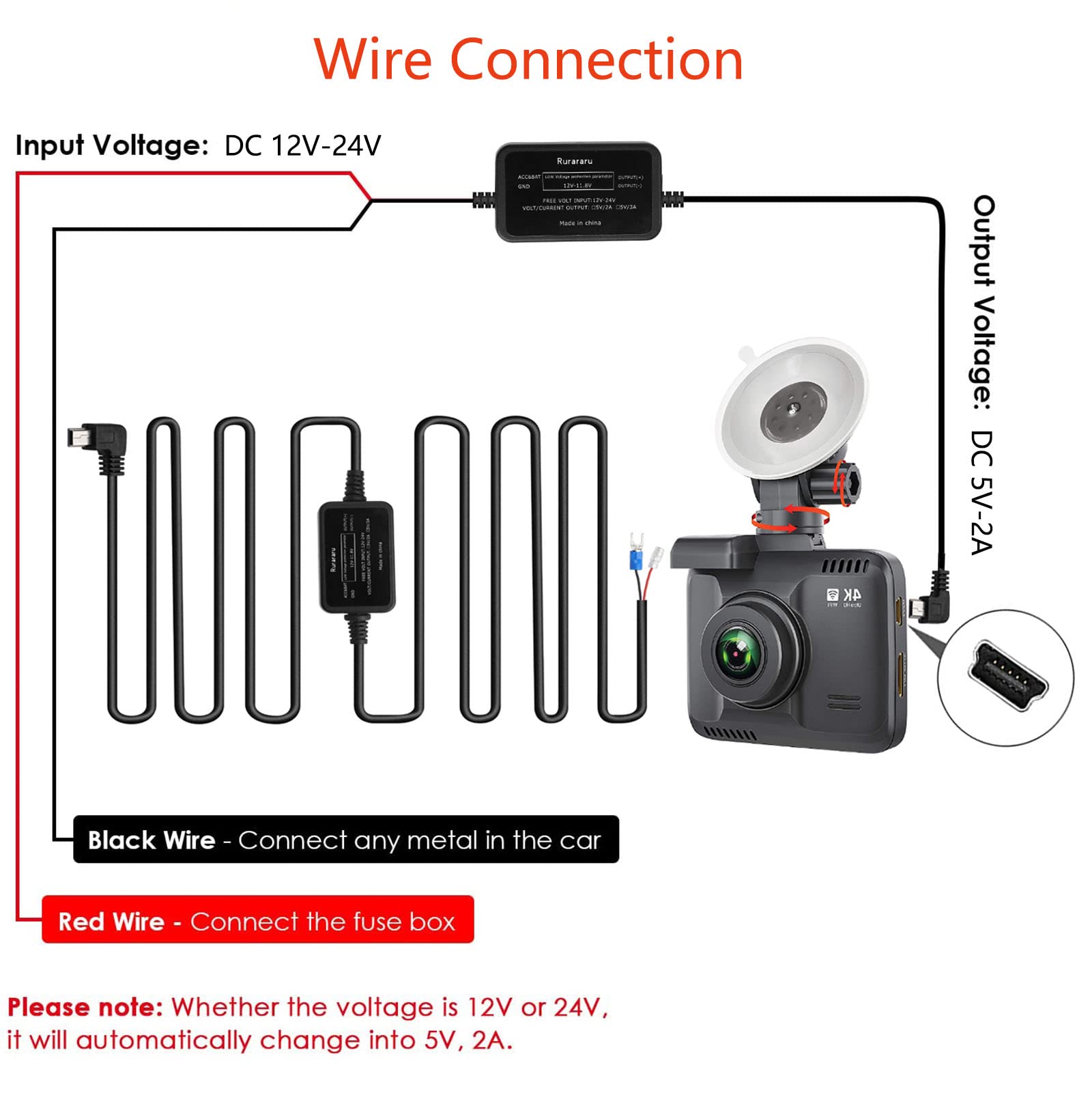 Dash Cam Mini USB Hardwire Kit Dash Camera Hard Wire Kit 12V-24V to 5V Charger Cable Power Cord Power Supply Compatible with Rexing V1-4K, V1P, V3, V2 Pro, V5, S1 Series, V1P Pro Series, Max Series