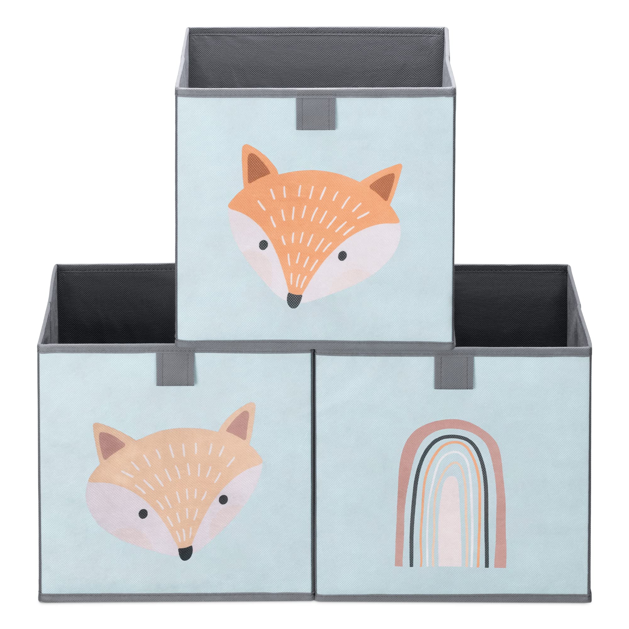 Navaris Kids Storage Cubes (Set of 3) - Storage Boxes 11x11x11" with Animal Designs - Children's Cube Bins Fabric Organizer Bin - Green Fox