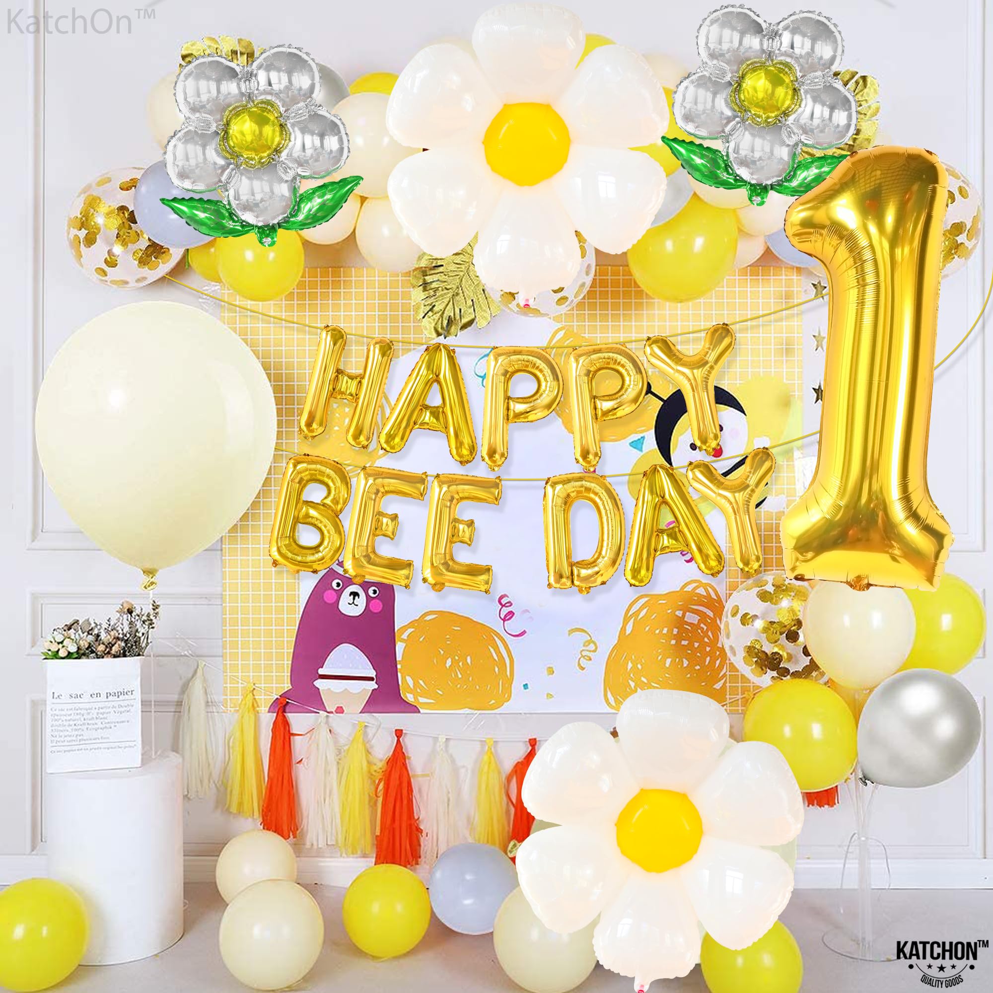 KatchOn, First Bee Day Decorations Girl - Pack of 18 | Happy Bee Day Balloons for Bee Birthday Party Decorations | Yellow Bee Themed Party Supplies | First Bee Balloons, 1st Bee Day Party Decorations