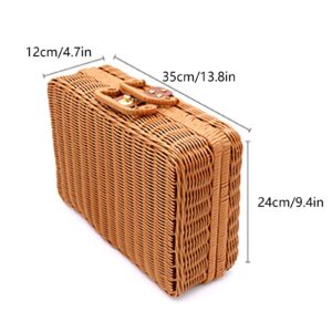 MSUIINT Rattan Storage Basket, Retro Wicker Suitcase, Willow Handwoven Receiving Bins with Handles, Straw Seaweed Makeup Organizer, Vintage Crossbody Bags Container Womens Handbag, 13.8x9.4x4.7 inch