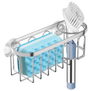 yazoni 2-in-1 sponge holder for kitchen sink, suction cup rack/caddy, no drill rustproof organizer for place dishwashing brush soap (silver)