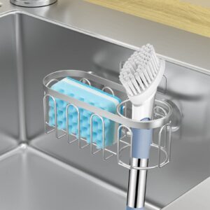 Yazoni 2-in-1 Sponge Holder for Kitchen Sink, Suction Cup Rack/Caddy, No Drill Rustproof Organizer for Place Dishwashing Brush Soap (Silver)