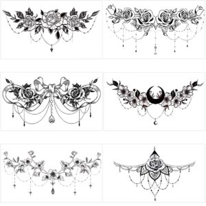 pagow 6pcs fake tattoos women, waterproof floral moon bowknot rose realistic temp tattoo stickers for women girl chest, waist (large size: 9.5x5.4inch/240x138mm) black
