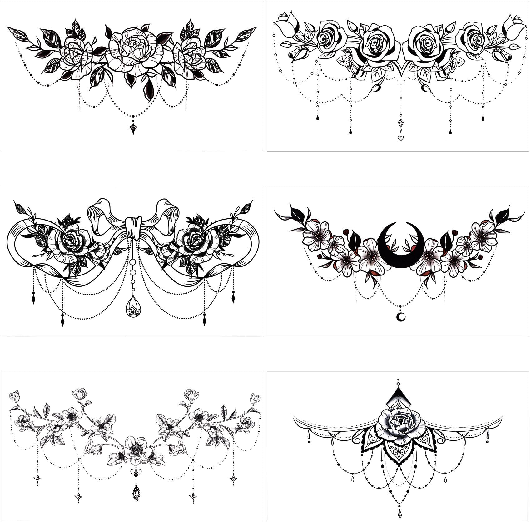 PAGOW 6pcs Fake Tattoos Women, Waterproof Floral Moon Bowknot Rose Realistic Temp Tattoo Stickers for Women Girl Chest, Waist (Large Size: 9.5x5.4inch/240x138mm) Black