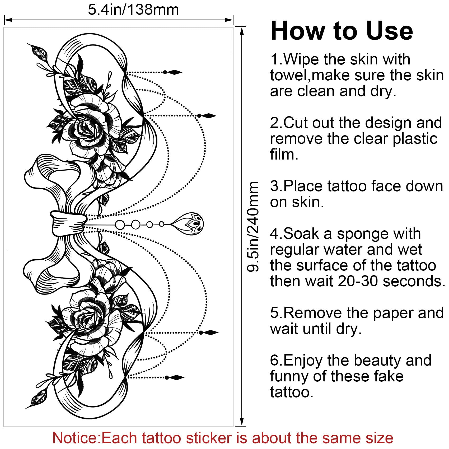 PAGOW 6pcs Fake Tattoos Women, Waterproof Floral Moon Bowknot Rose Realistic Temp Tattoo Stickers for Women Girl Chest, Waist (Large Size: 9.5x5.4inch/240x138mm) Black