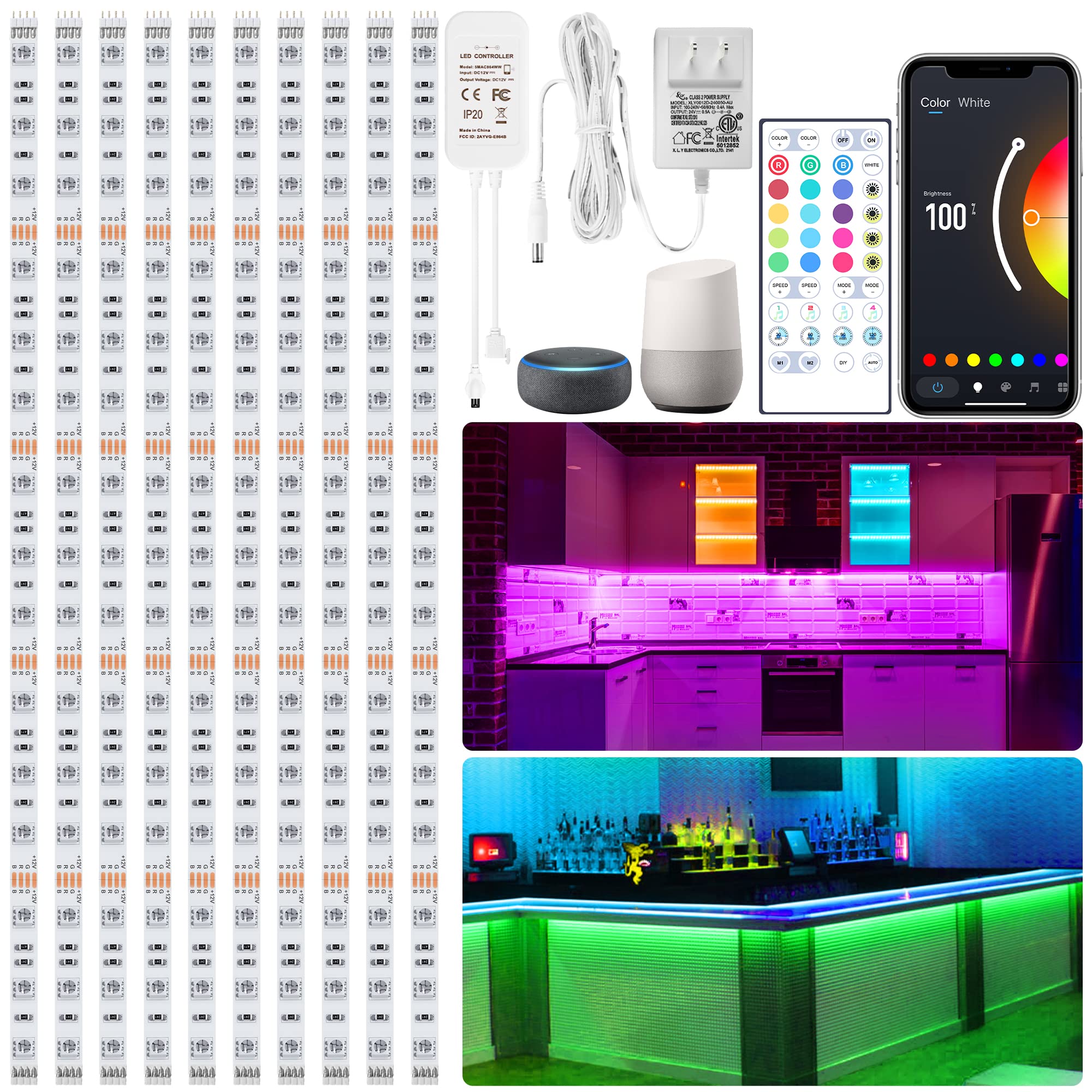 maylit 10 PCS Smart RGB Under Cabinet Lights Kit, Work with Alexa and Google Assistant, App and Remote Control, Music Sync Color Changing, Timer, Dimmable, for Cabinet, Counter, Shelf, Bookcase