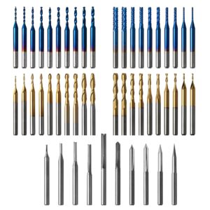 genmitsu 50pcs tungsten carbide end mill router bits, 1/8'' shank cnc bit set including 2-flute straight bit, flat nose & ball nose end mill, pcb drill & v-groove engraving bits, nano blue coat, mc50a