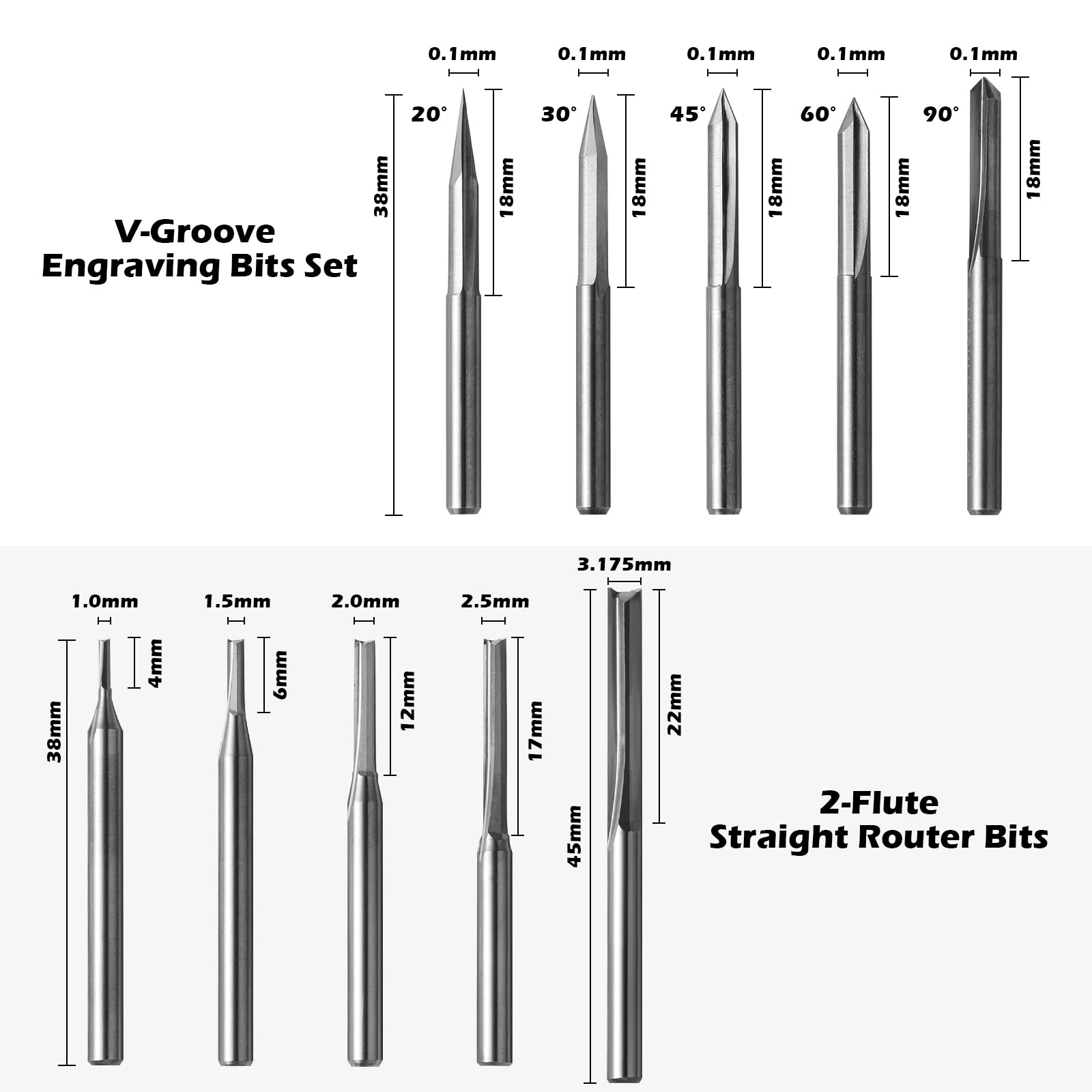 Genmitsu 50pcs Tungsten Carbide End Mill Router Bits, 1/8'' Shank CNC Bit Set Including 2-Flute Straight Bit, Flat Nose & Ball Nose End Mill, PCB Drill & V-Groove Engraving Bits, Nano Blue Coat, MC50A