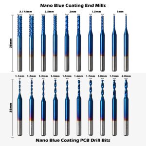 Genmitsu 50pcs Tungsten Carbide End Mill Router Bits, 1/8'' Shank CNC Bit Set Including 2-Flute Straight Bit, Flat Nose & Ball Nose End Mill, PCB Drill & V-Groove Engraving Bits, Nano Blue Coat, MC50A