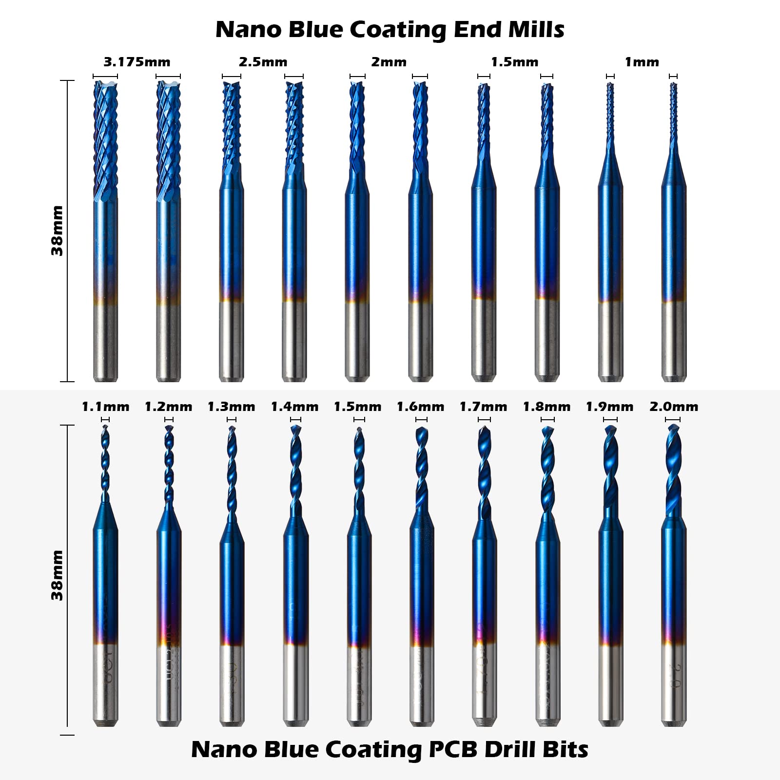 Genmitsu 50pcs Tungsten Carbide End Mill Router Bits, 1/8'' Shank CNC Bit Set Including 2-Flute Straight Bit, Flat Nose & Ball Nose End Mill, PCB Drill & V-Groove Engraving Bits, Nano Blue Coat, MC50A