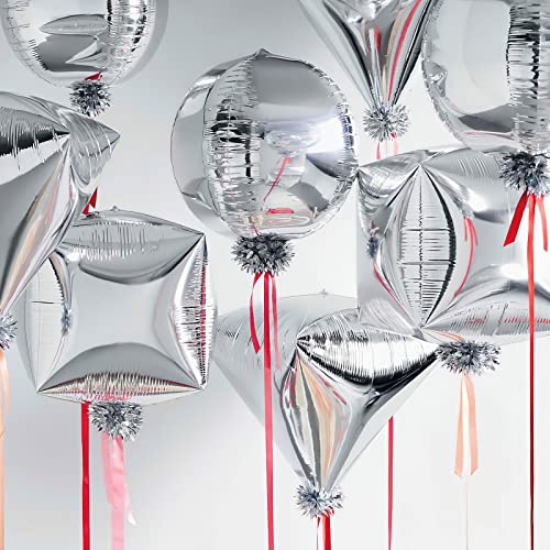 PartyWoo Silver Balloons, 6 pcs Diamond Silver Foil Balloons, 22 inch Giant 4D Foil Balloons and Ribbon, Balloons for Birthday Decorations, Wedding Decorations, Party Decorations (Balloon)