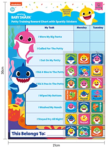 Paper Projects 01.70.30.041 Baby Shark Potty Training Includes 56 Sparkly Stickers | Colourful Chart is Wipe-Clean, Blue, 29.7cm x 42cm
