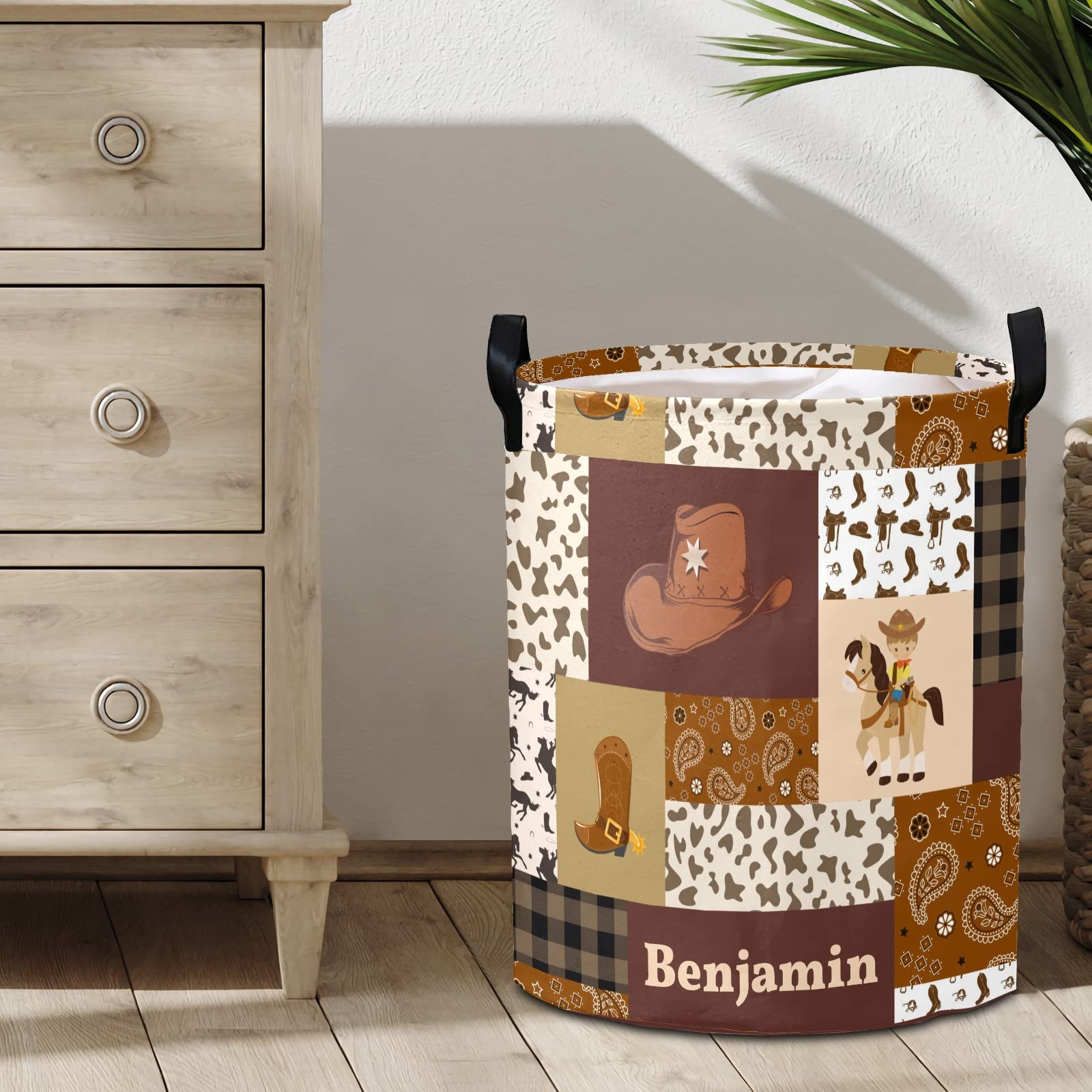 Personalized Laundry Basket Hamper,Cowboy Quilt,Collapsible Storage Baskets with Handles for Kids Room,Clothes, Nursery Decor