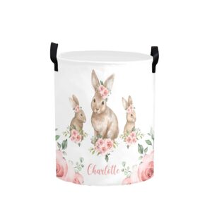 personalized laundry basket hamper,floral bunny rabbit,collapsible storage baskets with handles for kids room,clothes, nursery decor