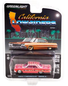 greenlight collectible 1964 chevy impala lowrider pink metallic w/rose graphics & pink interior california lowriders release 1 1/64 diecast model car by greenlight 63010 a