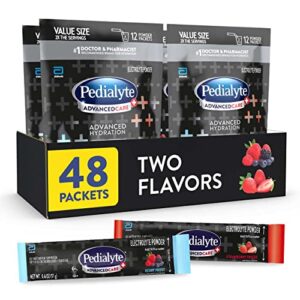 pedialyte advancedcare plus electrolyte powder, strawberry freeze and berry frost, with 33% more electrolytes and has preactiv prebiotics, 0.6 oz powder packs (48 count)