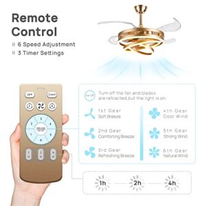 Minfeng Retractable Ceiling Fan with Lights and Remote Control, 42 Inch Farmhouse Ceiling Fans for Bedroom, Living Room, Study, Patio, (Gold)