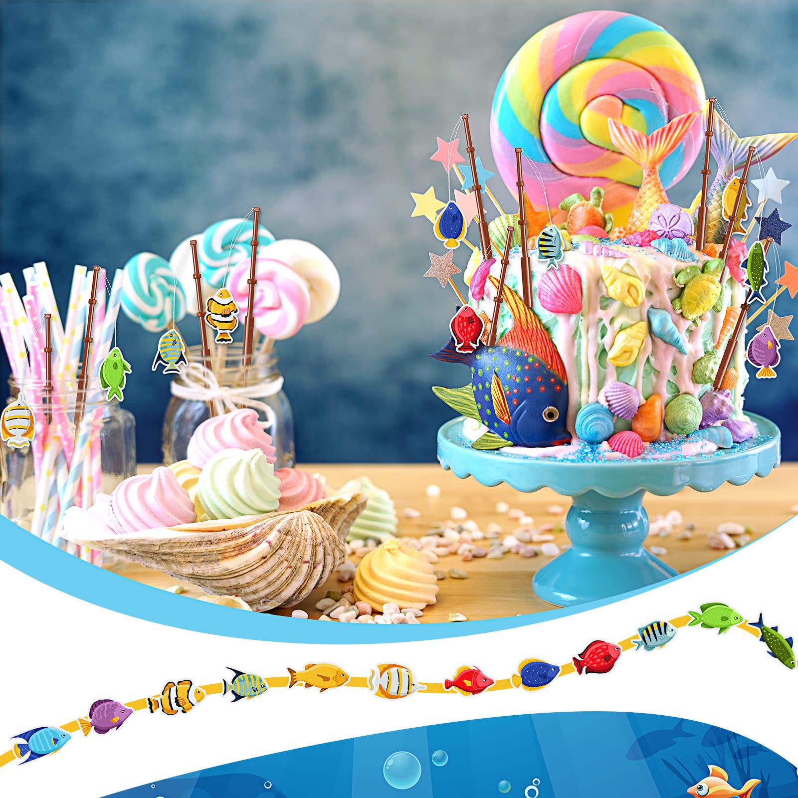 36 Pcs Fishing Birthday Party Decorations Fish Cupcake Pole Picks Fishing Themed Party Supplies Little Fisherman Tropical Appetizer Pick Cocktail Decoration for Drink Baby Shower Party Favor Kids