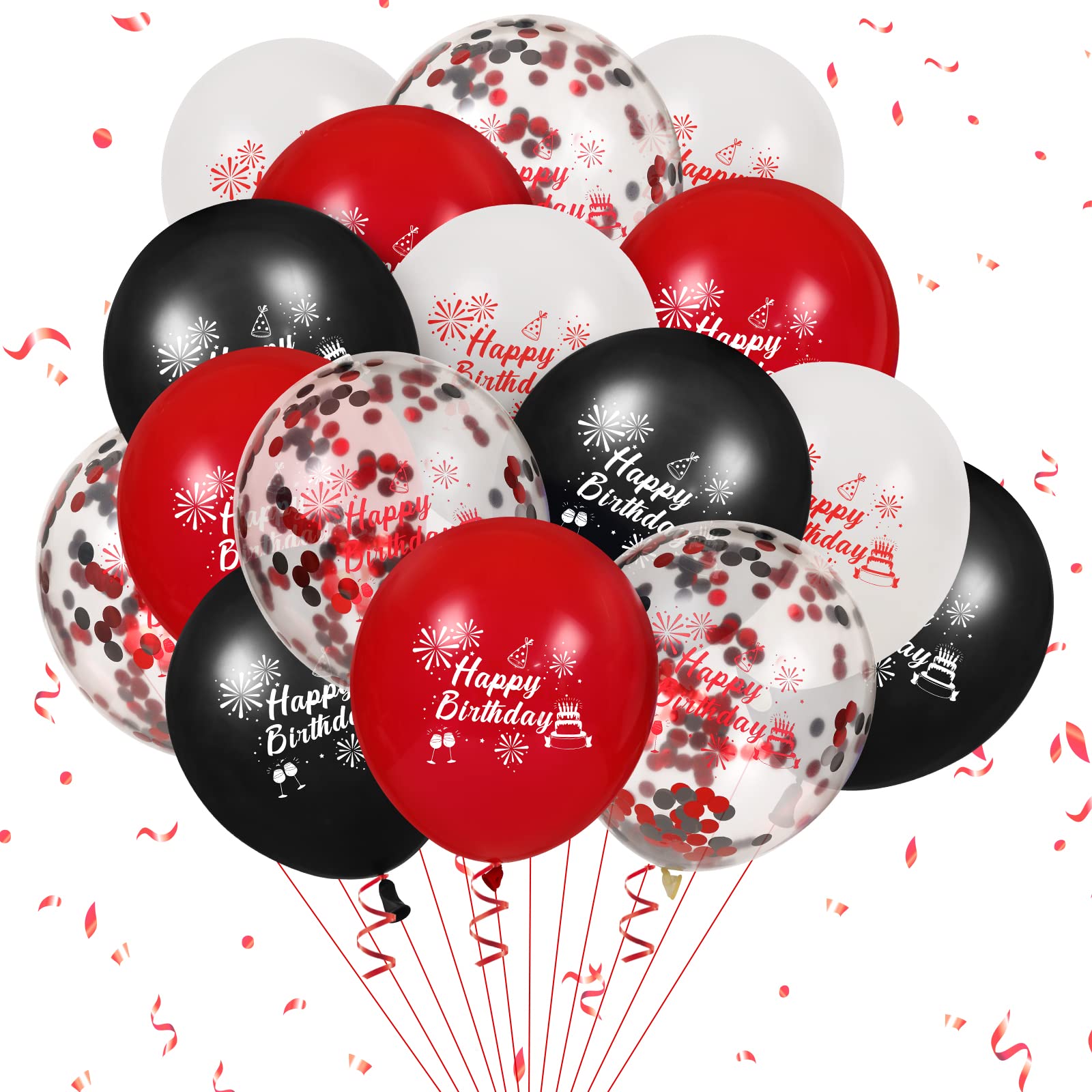 16 Pcs Red Black Confetti Latex Balloons, 12 Inch Red Black and White Happy Birthday Decoration Balloons for Red Black Themed Men Women Birthday Wedding Anniversary Graduation New Year Party Supplies