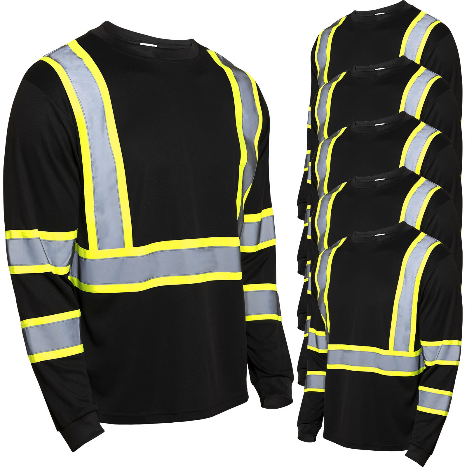 Zhanmai 6 Pack Safety Long Sleeve, Class 3 High Visibility T Shirt with Reflective Strips for Work Surveyor Construction (Mixcolor, XL)