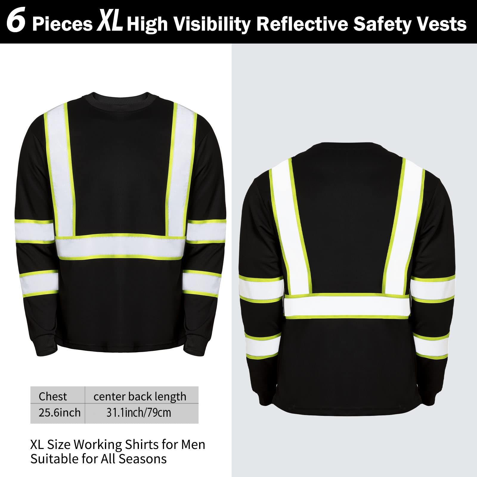 Zhanmai 6 Pack Safety Long Sleeve, Class 3 High Visibility T Shirt with Reflective Strips for Work Surveyor Construction (Mixcolor, XL)